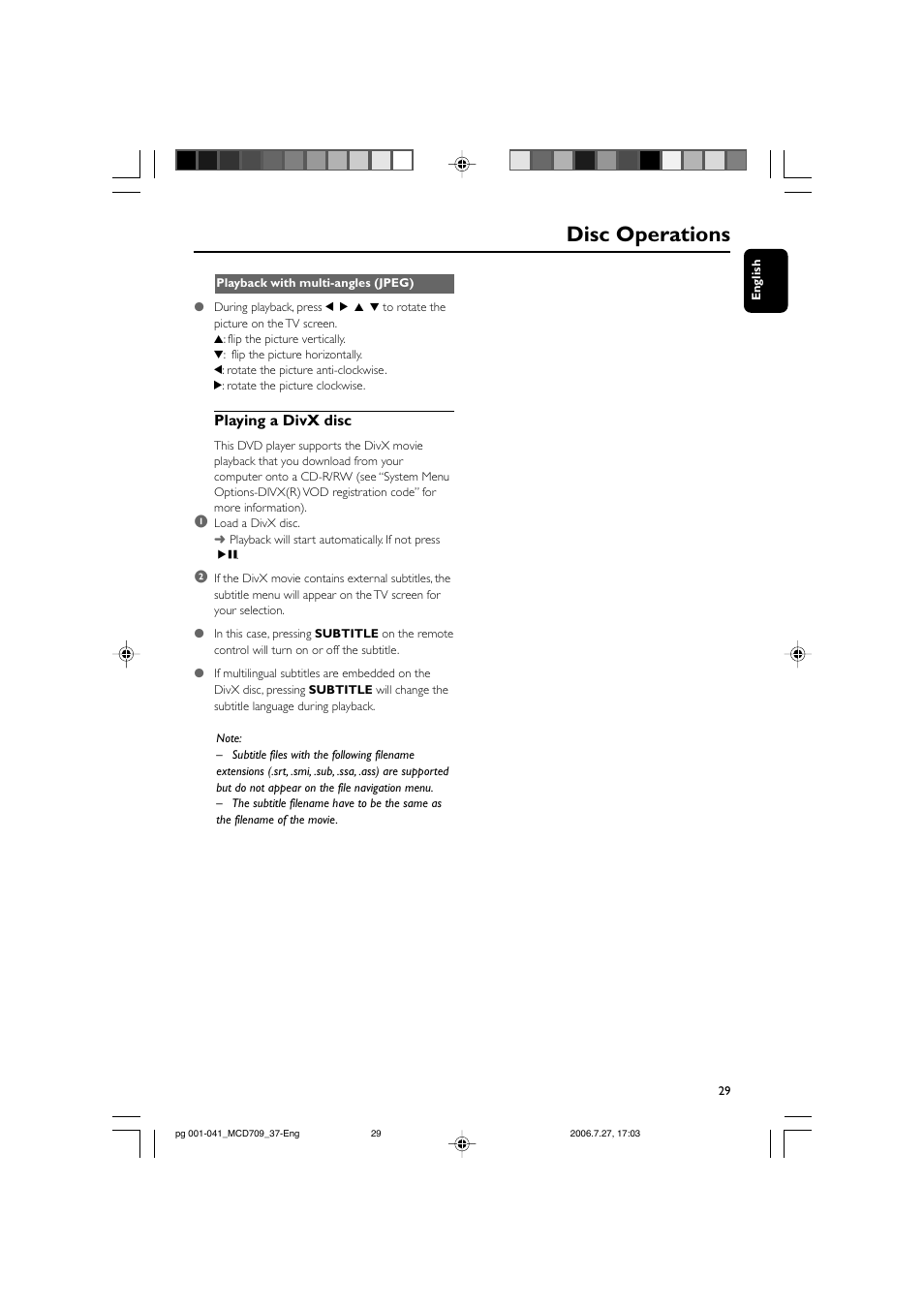 Disc operations, Playing a divx disc | Philips MCD709-37 User Manual | Page 29 / 44