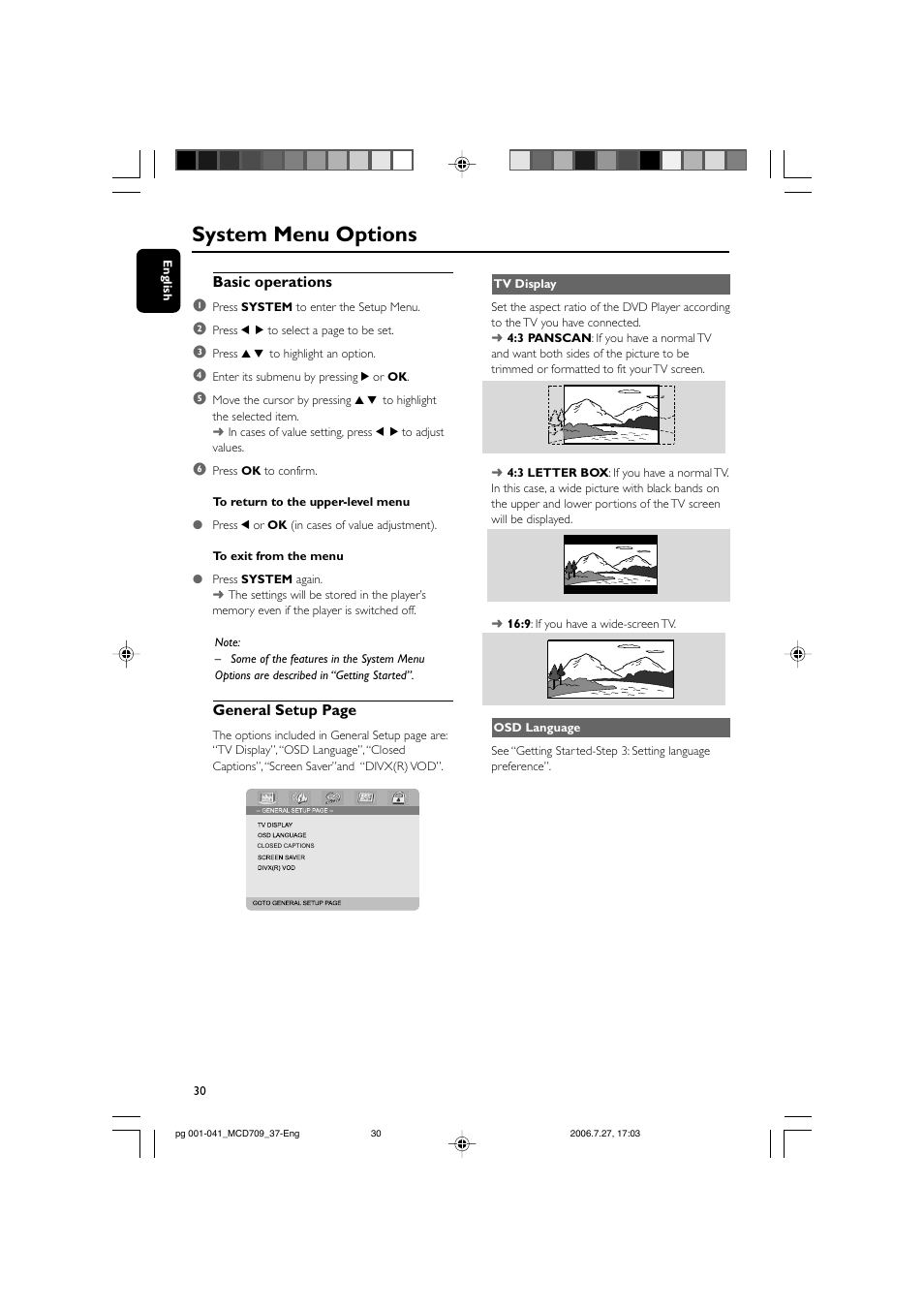 System menu options, Basic operations 1, General setup page | Philips MCD709-37 User Manual | Page 30 / 44