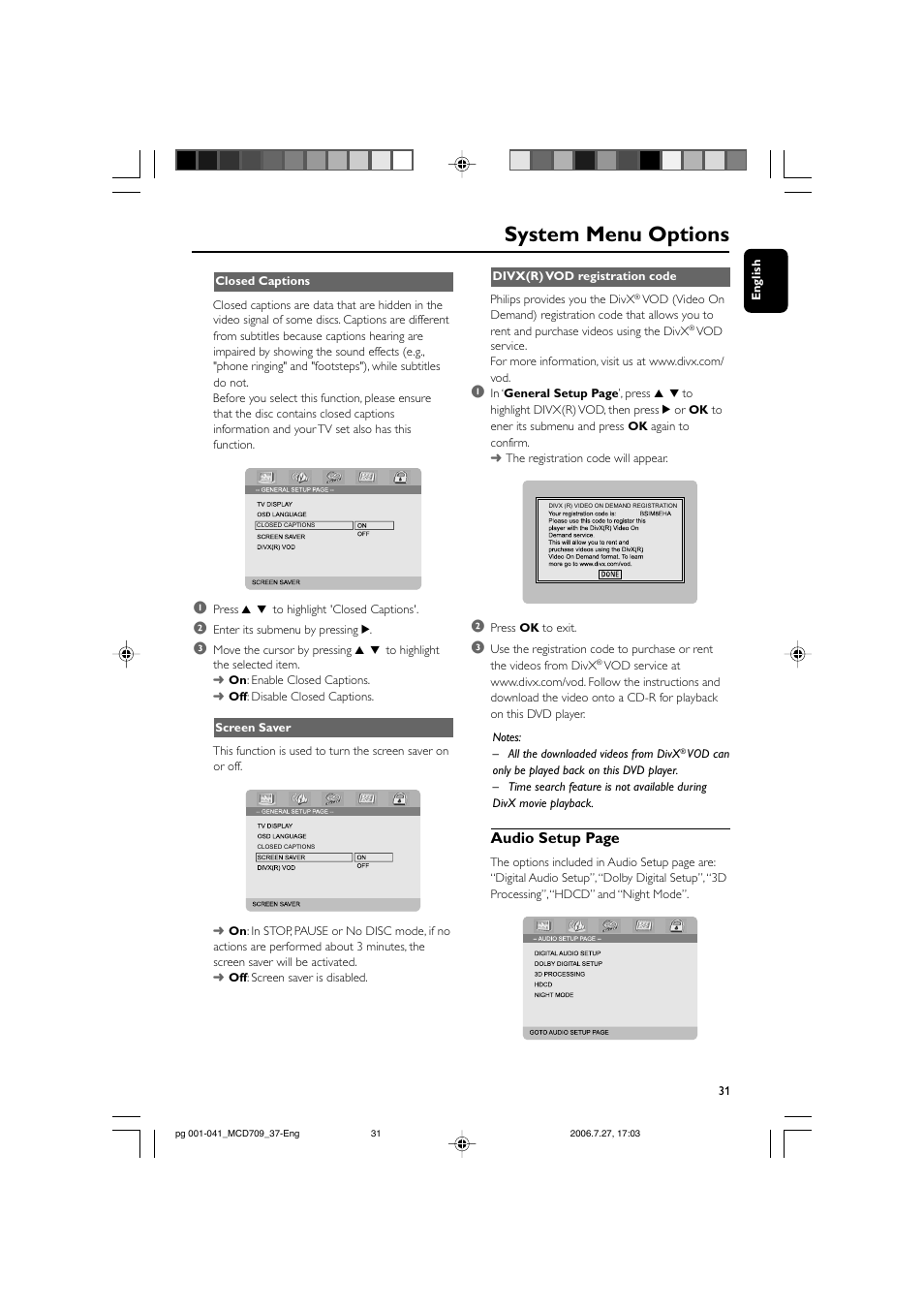 System menu options, Audio setup page | Philips MCD709-37 User Manual | Page 31 / 44