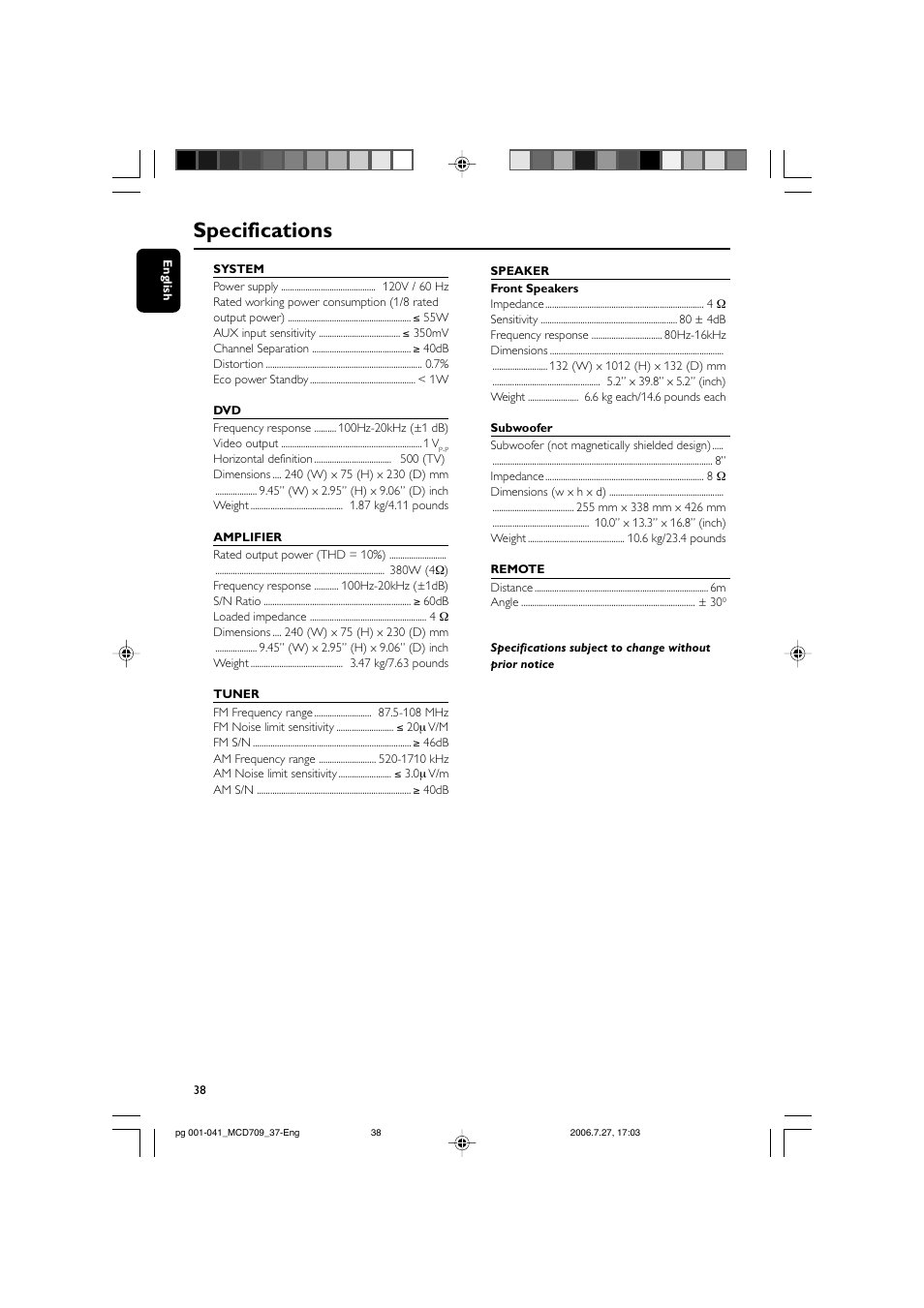 Specifications | Philips MCD709-37 User Manual | Page 38 / 44
