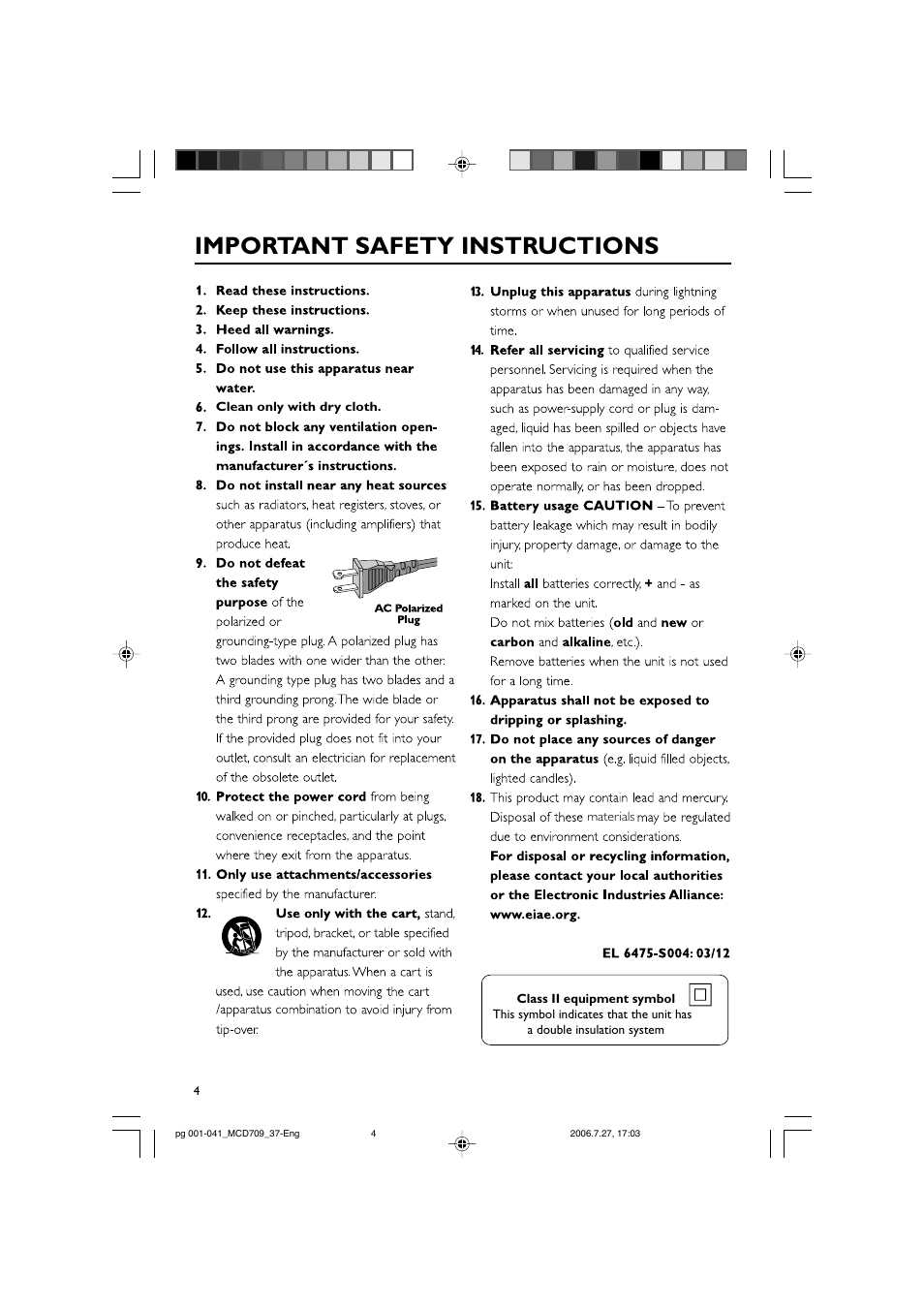Important safety instructions | Philips MCD709-37 User Manual | Page 4 / 44