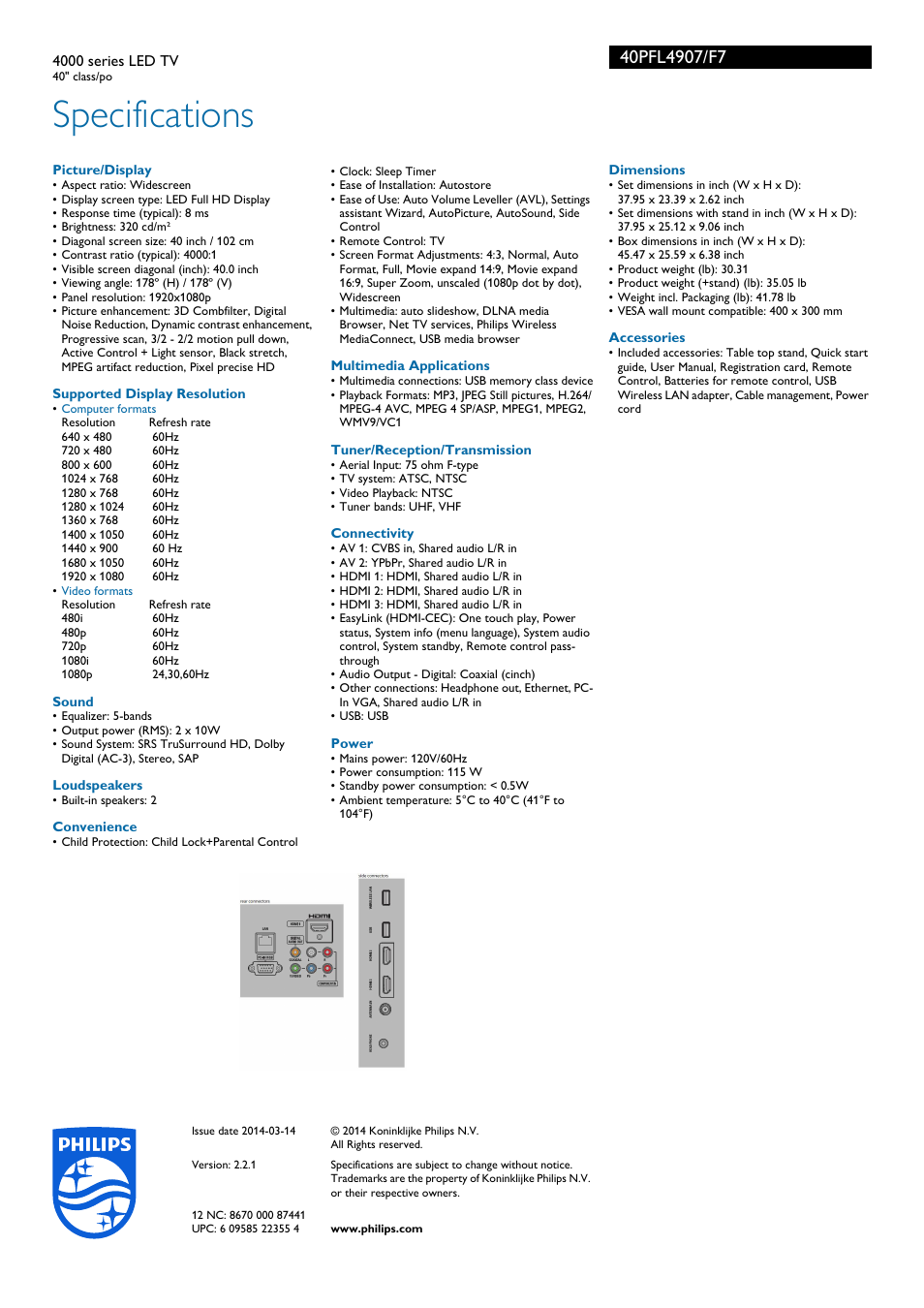 Specifications | Philips 40PFL4907-F7 User Manual | Page 3 / 3