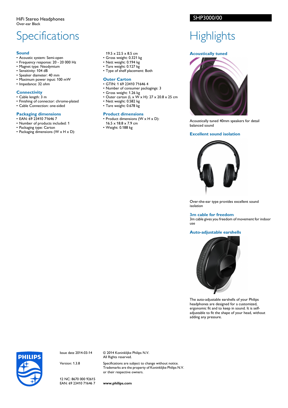 Specifications, Highlights | Philips SHP3000-00 User Manual | Page 2 / 2