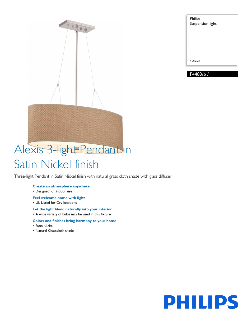 Philips Forecast Suspension light F4483-6 - Alexis User Manual | 2 pages