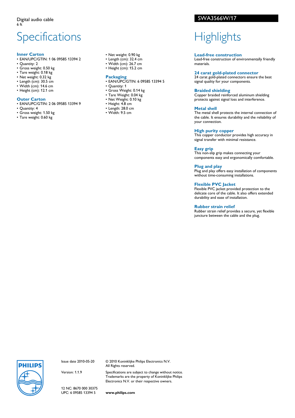 Specifications, Highlights | Philips SWA3566W-17 User Manual | Page 2 / 2