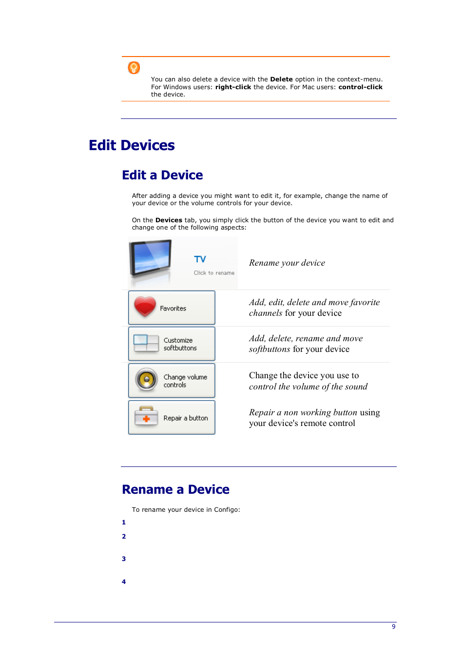 Edit a device, Rename, Edit devices | Rename a device | Philips Prestigo Universal remote control SRT8215 Touch 15 in 1 User Manual | Page 13 / 50