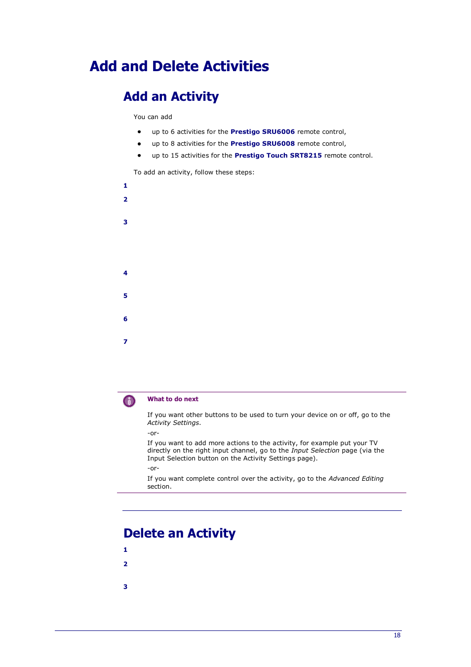 Add an activity, Delete an activity, Add and delete activities | Philips Prestigo Universal remote control SRT8215 Touch 15 in 1 User Manual | Page 22 / 50