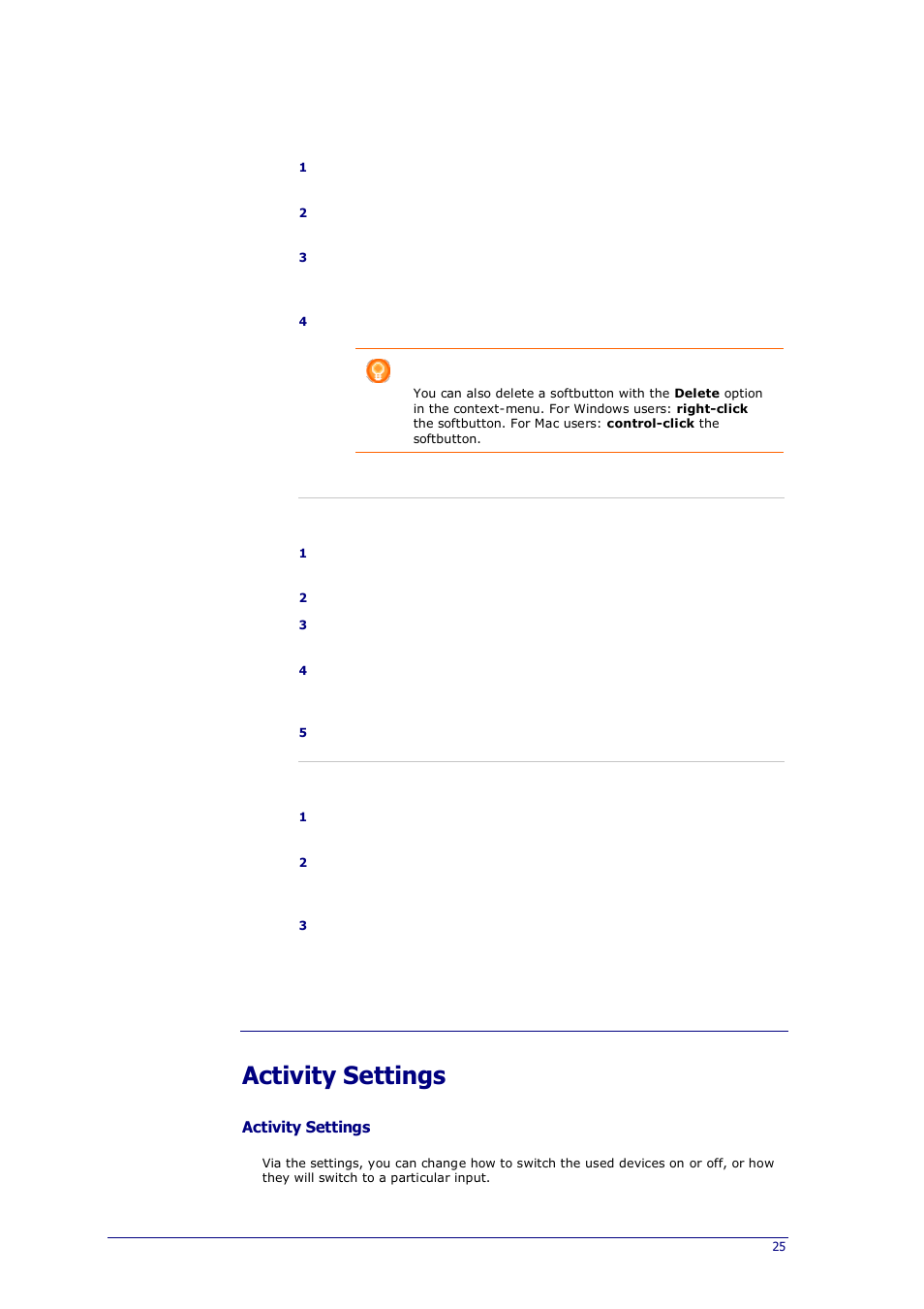 Define activity settings, Activity settings | Philips Prestigo Universal remote control SRT8215 Touch 15 in 1 User Manual | Page 29 / 50