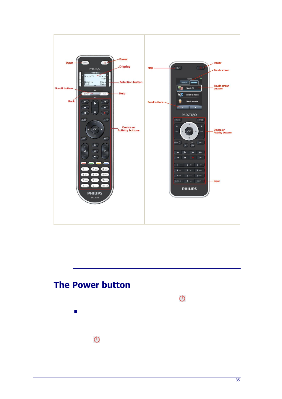 The power button | Philips Prestigo Universal remote control SRT8215 Touch 15 in 1 User Manual | Page 39 / 50