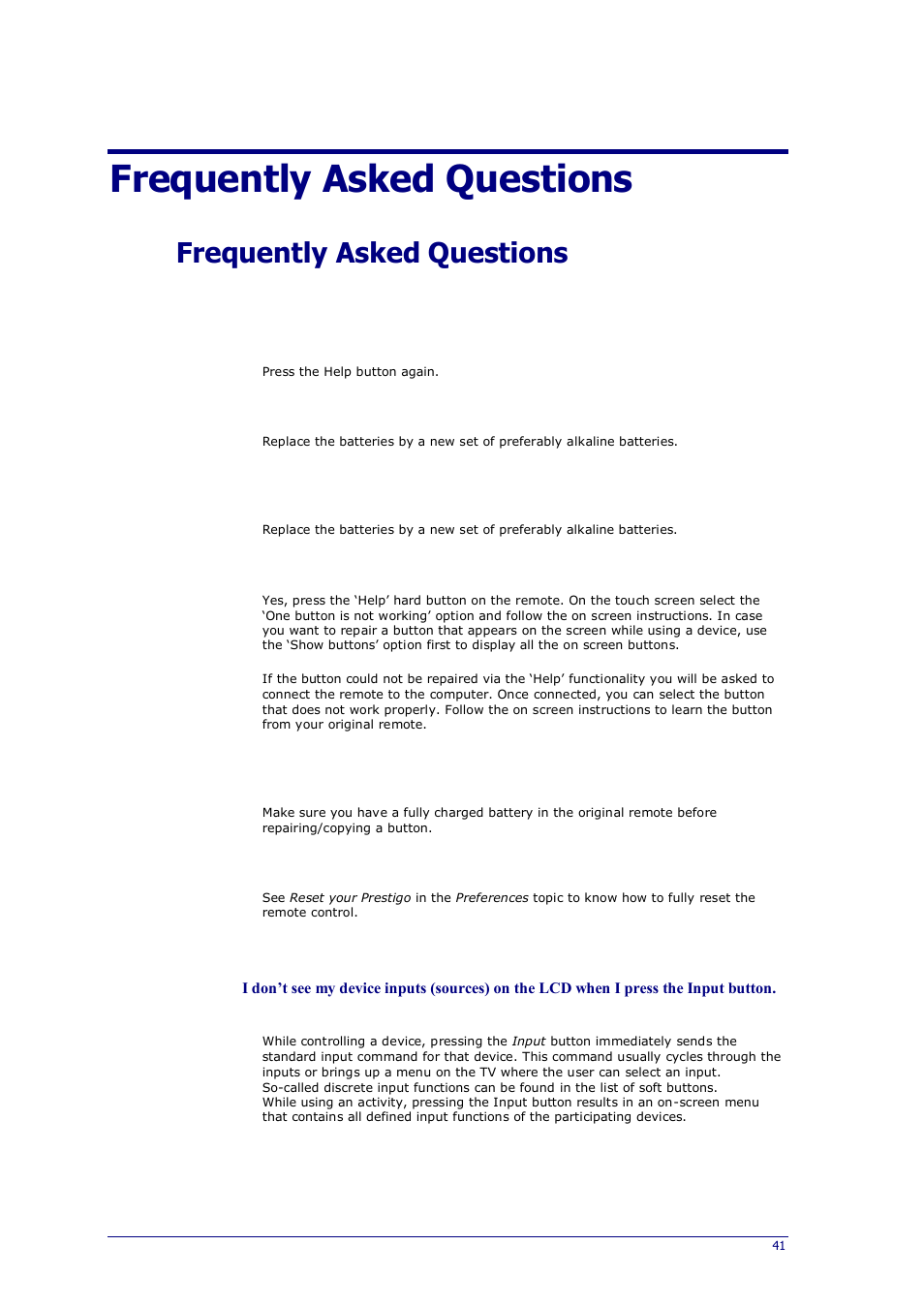 Frequently asked questions, Prestigo remote control, Prestigo remote control - using devices | Philips Prestigo Universal remote control SRT8215 Touch 15 in 1 User Manual | Page 45 / 50