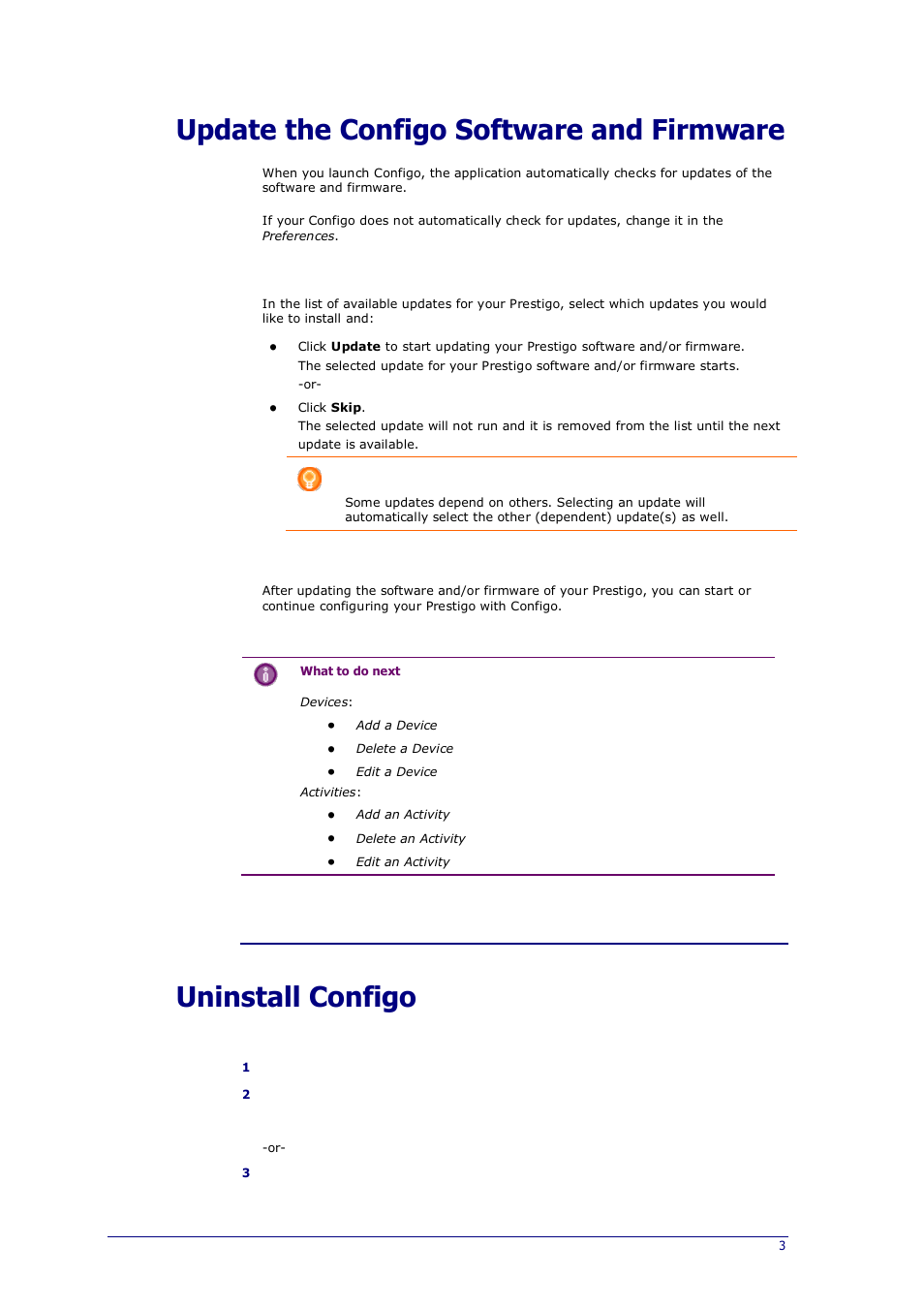 Updates, Update the configo software and firmware, Uninstall configo | Philips Prestigo Universal remote control SRT8215 Touch 15 in 1 User Manual | Page 7 / 50