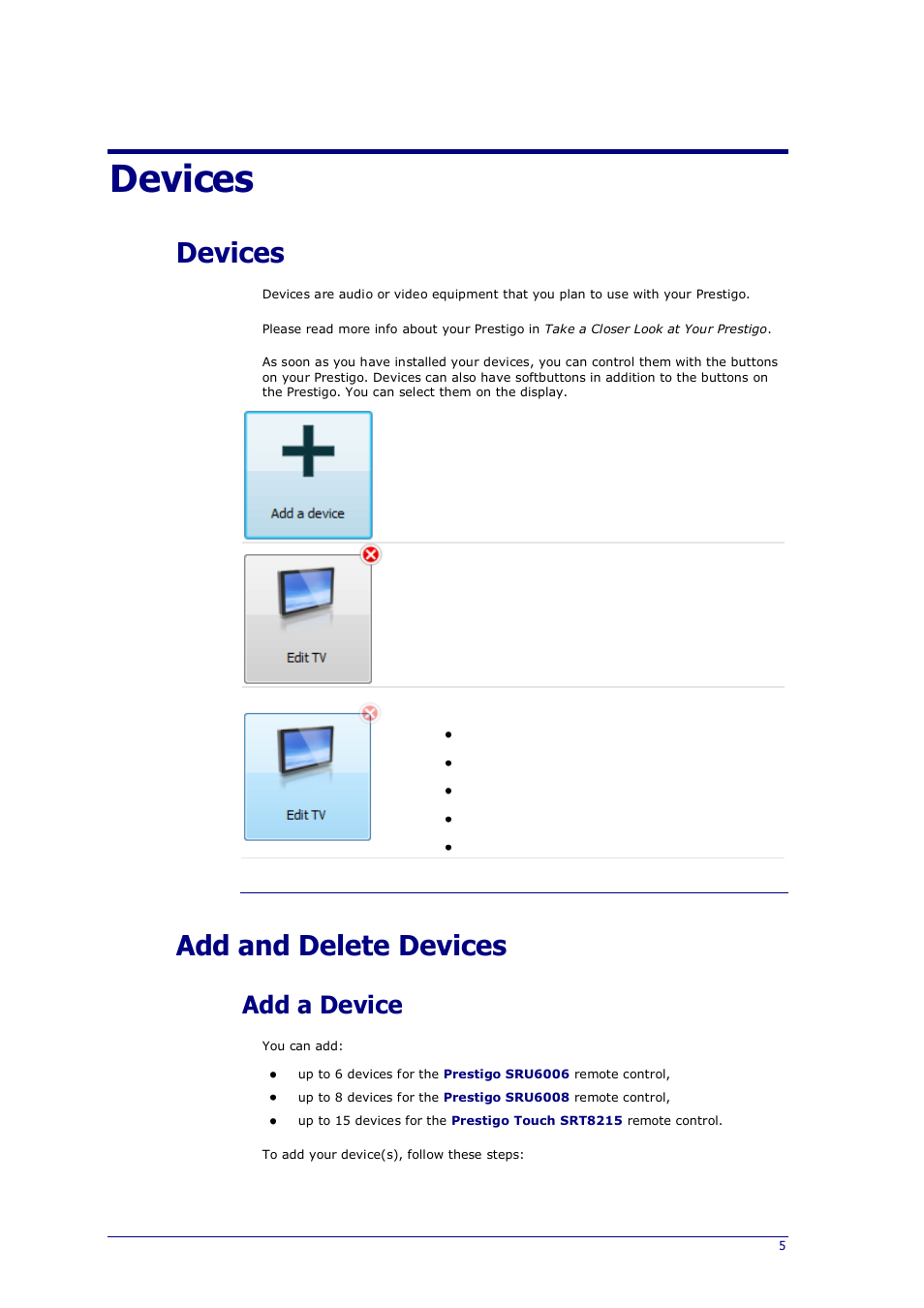 Adding devices, Devices, Add a device | Add and delete devices | Philips Prestigo Universal remote control SRT8215 Touch 15 in 1 User Manual | Page 9 / 50