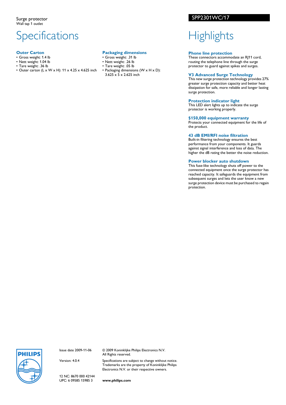 Specifications, Highlights | Philips SPP2301WC-17 User Manual | Page 2 / 2