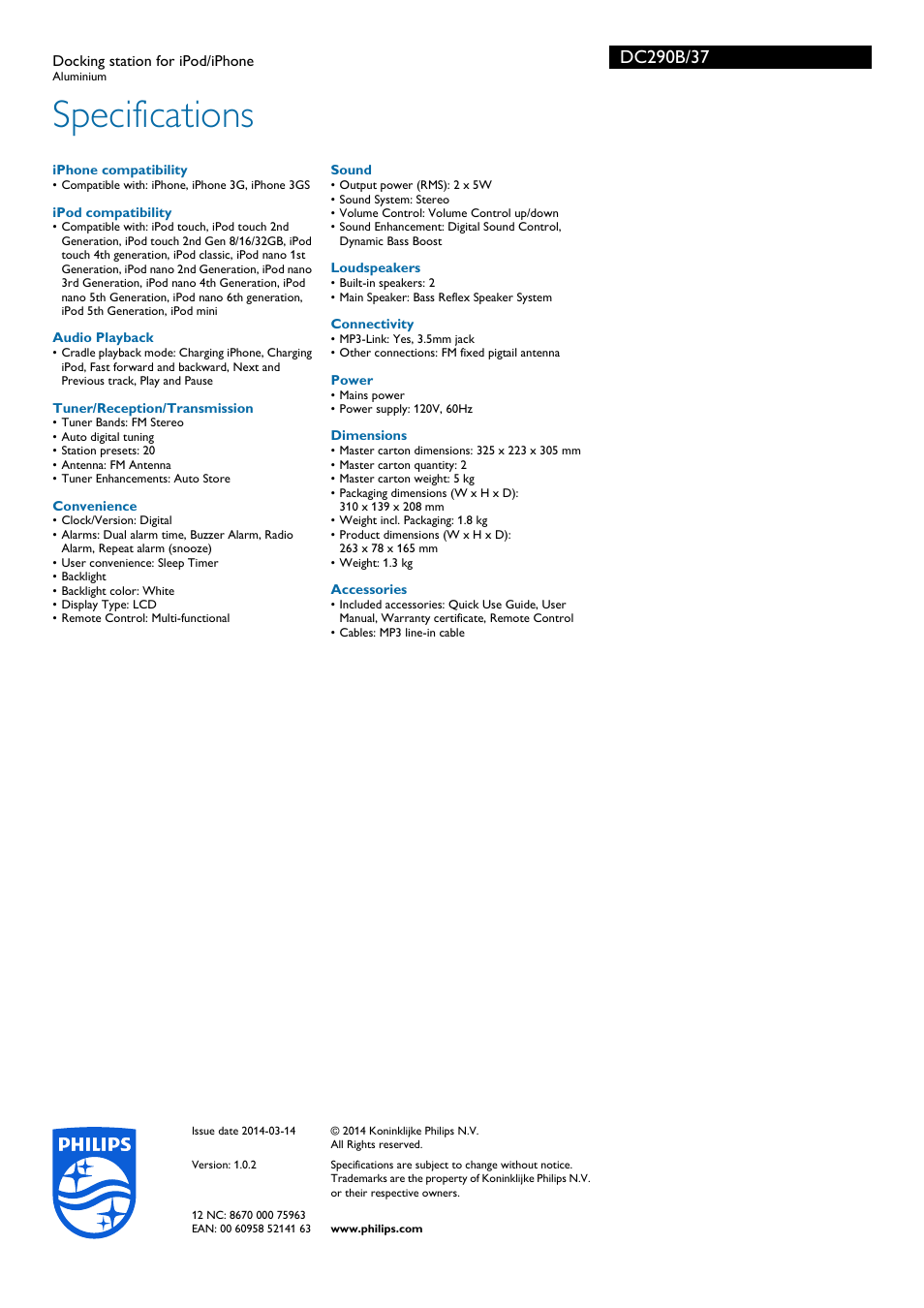 Specifications | Philips DC290B-37 User Manual | Page 3 / 3