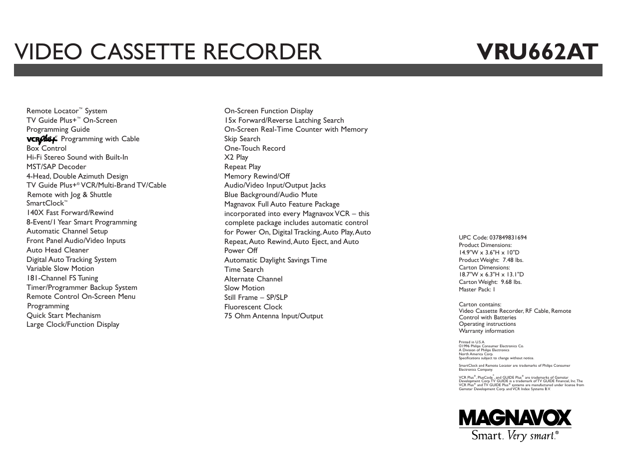 Video cassette recorder vru662at | Philips VRU662AT User Manual | Page 2 / 2