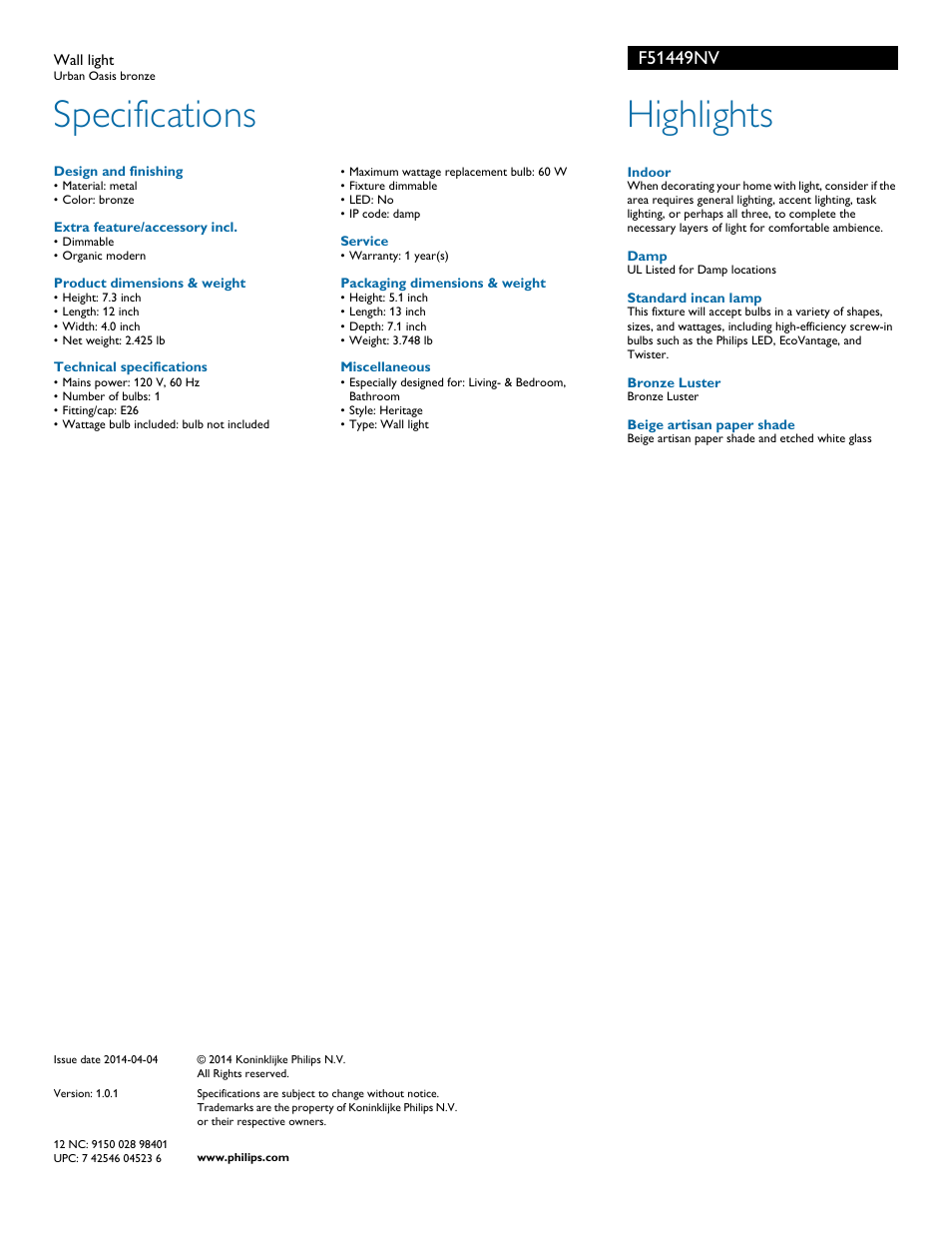 Specifications, Highlights | Philips F51449NV User Manual | Page 2 / 2