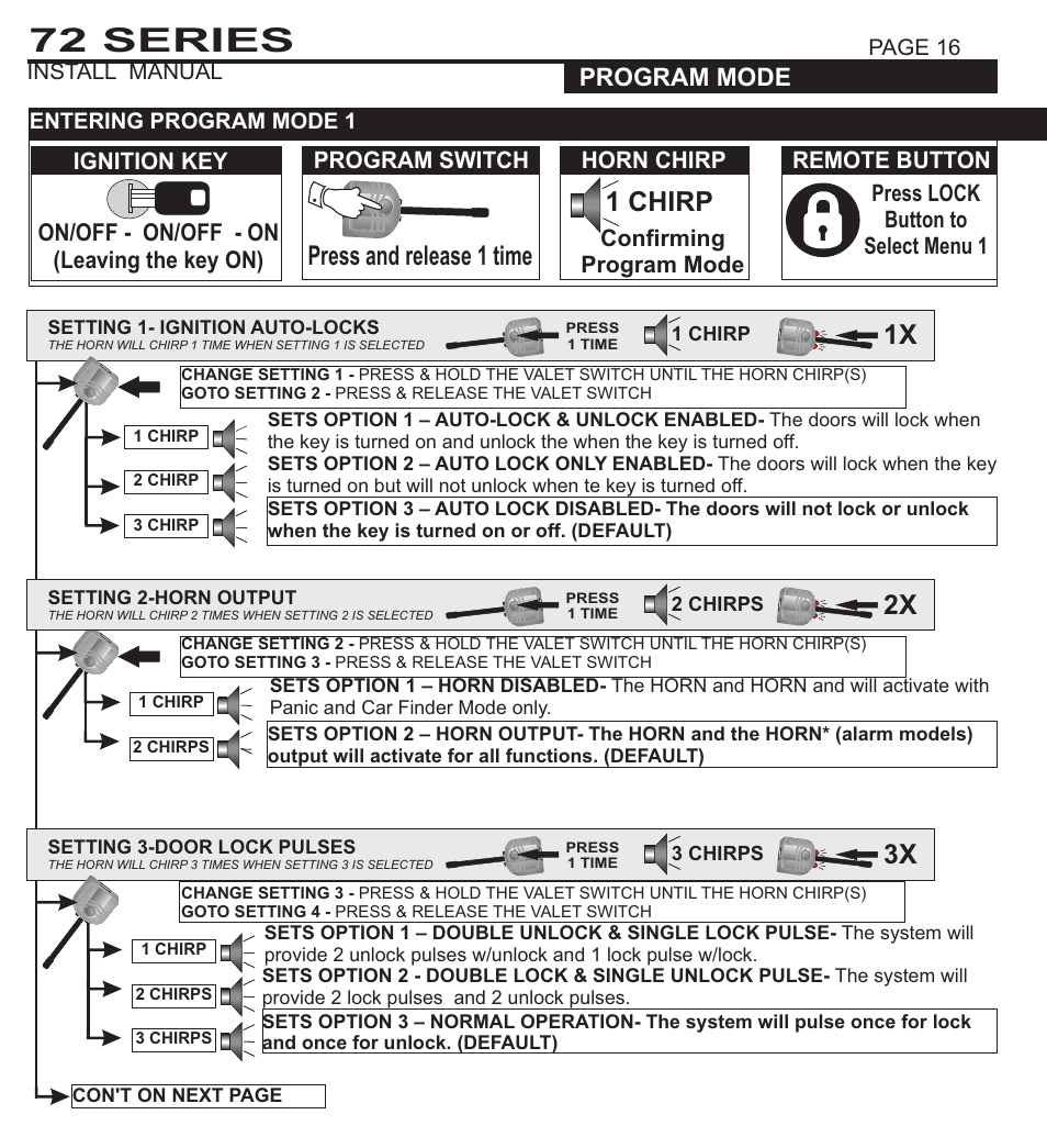72 series, Press and release 1 time, 1 chirp | System programming - menu 1, Program mode, Program switch | Ultra Start 72 SERIES 3272 User Manual | Page 16 / 28