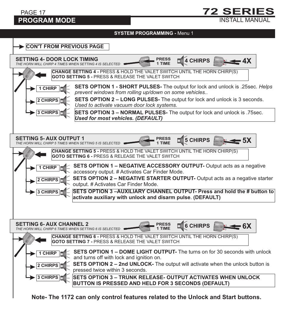 72 series, Press and release 1 time, 1 chirp | System programming - menu 1, Program mode, Program switch | Ultra Start 72 SERIES 3272 User Manual | Page 17 / 28