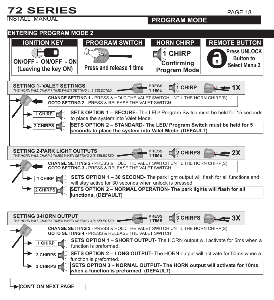 72 series, 1 chirp, Press and release 1 time | System programming - menu 1, Program mode, On/off - on/off - on (leaving the key on) | Ultra Start 72 SERIES 3272 User Manual | Page 18 / 28