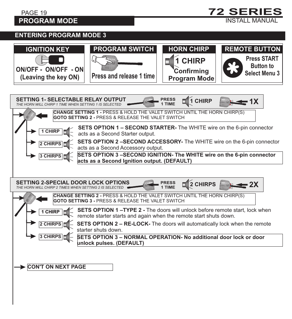 72 series, 1 chirp, Press and release 1 time | System programming - menu 1, Program mode, On/off - on/off - on (leaving the key on) | Ultra Start 72 SERIES 3272 User Manual | Page 19 / 28
