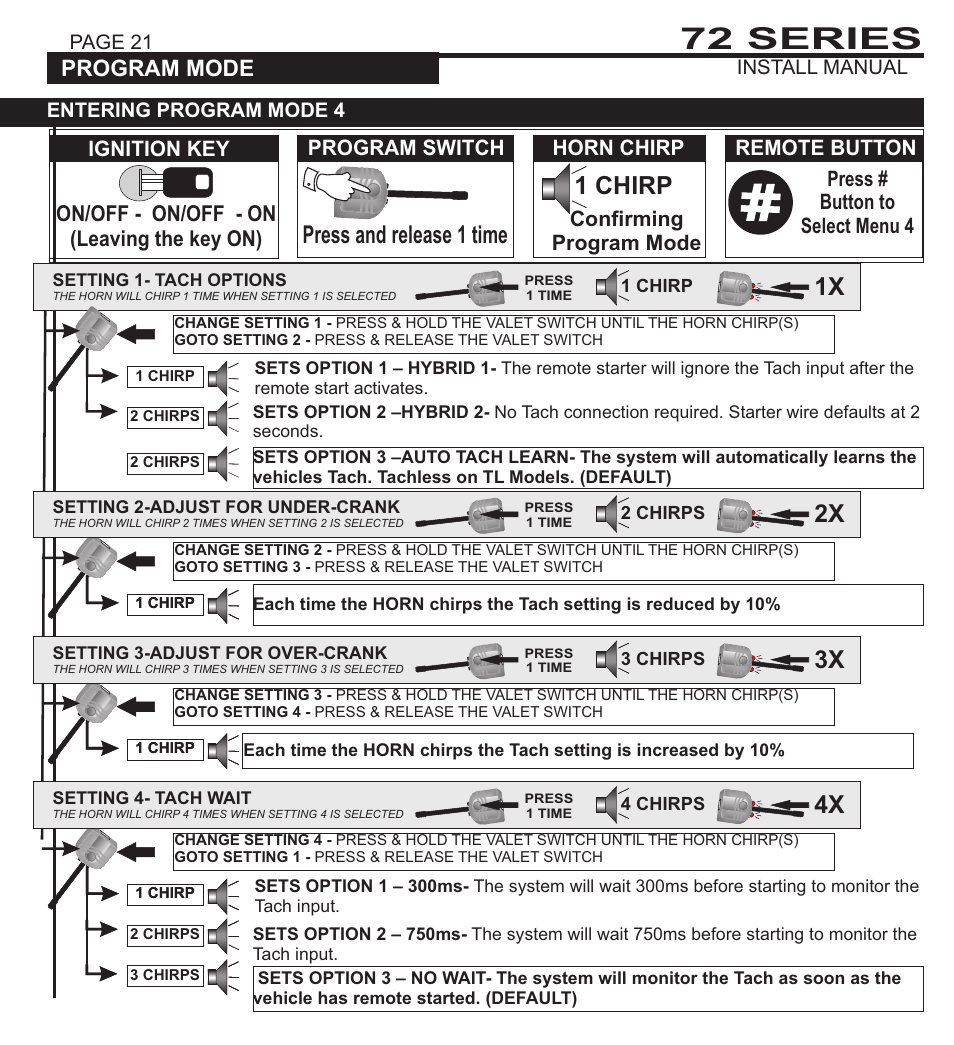 72 series, Press and release 1 time, 1 chirp | System programming - menu 1, Program mode, Program switch | Ultra Start 72 SERIES 3272 User Manual | Page 21 / 28