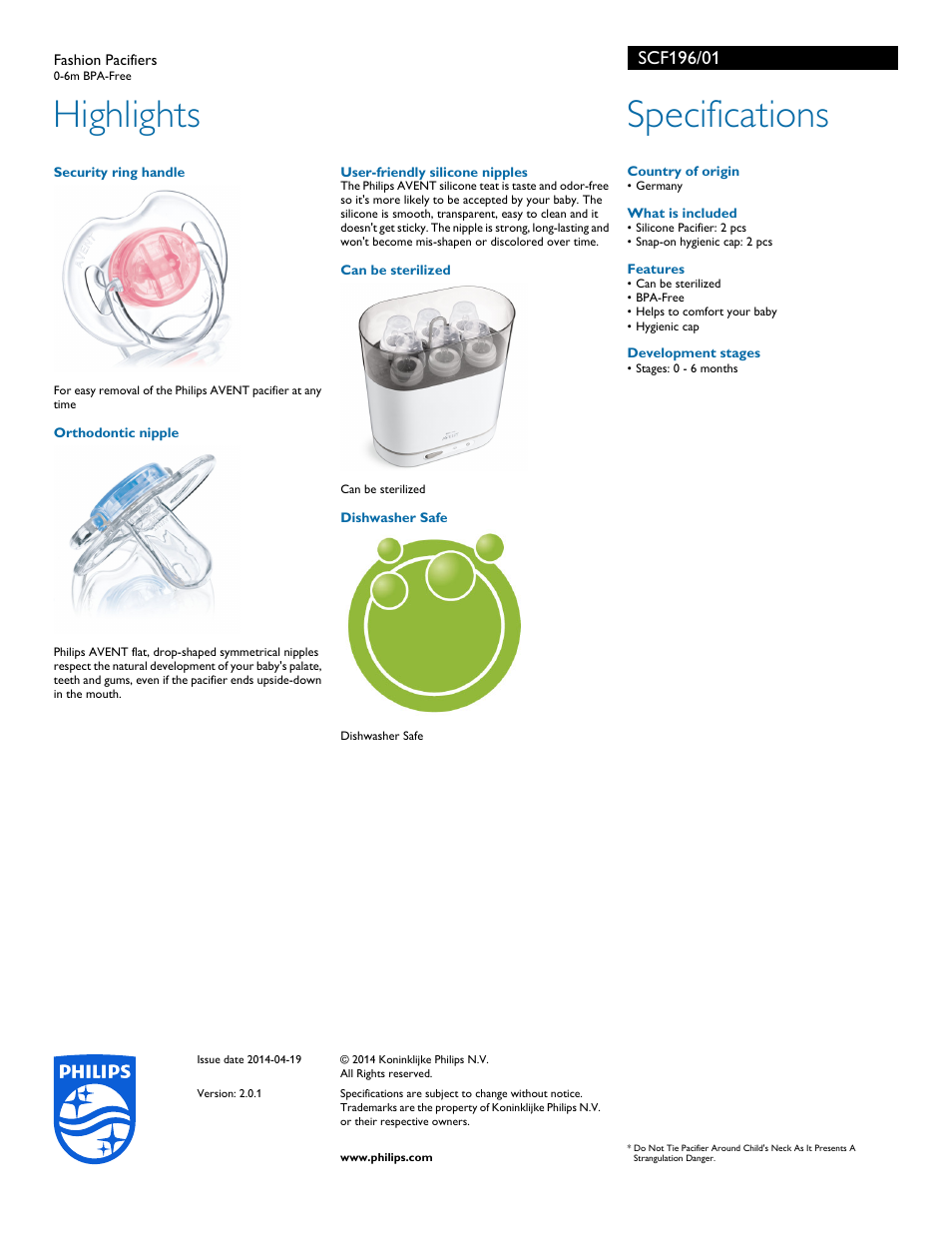 Highlights, Specifications | Philips SCF196-01 User Manual | Page 2 / 2