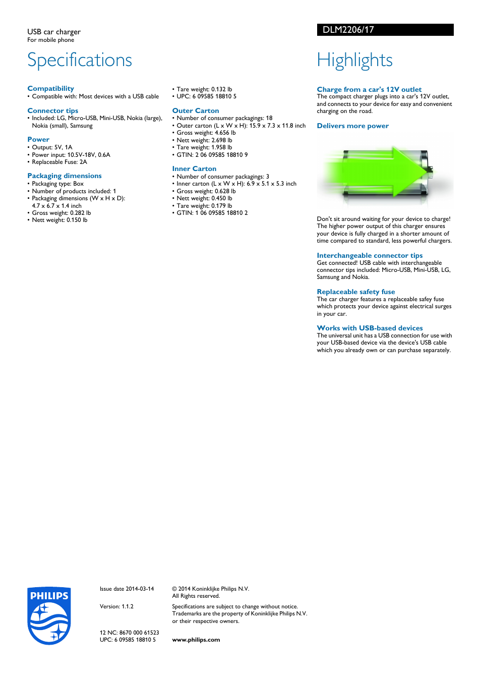 Specifications, Highlights | Philips DLM2206-17 User Manual | Page 2 / 2