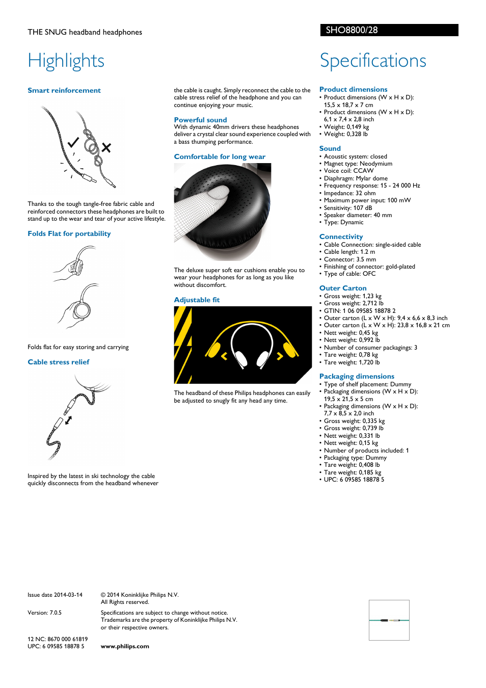 Highlights, Specifications | Philips SHO8800-28 User Manual | Page 2 / 2