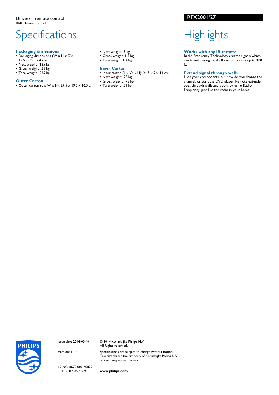 Specifications, Highlights | Philips RFX2001-27 User Manual | Page 2 / 2