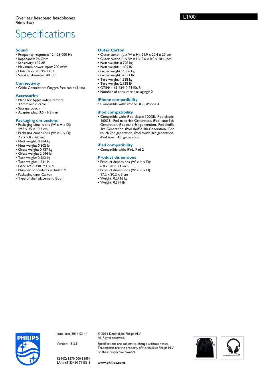 Specifications, L1/00 | Philips L1-00 User Manual | Page 3 / 3