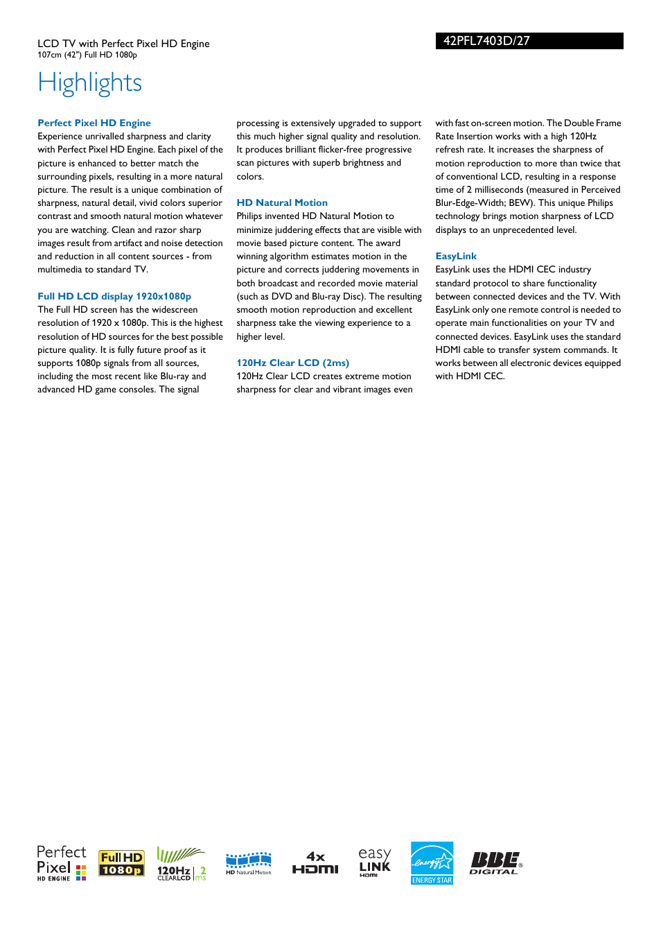 Highlights | Philips 42PFL7403D-27 User Manual | Page 2 / 3