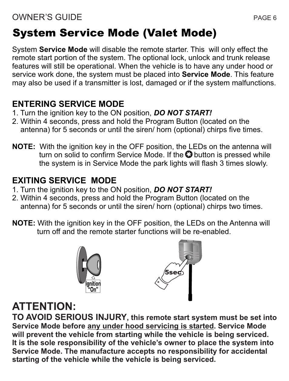 Attention, System service mode (valet mode) | Ultra Start 1175 Series User Manual | Page 6 / 8