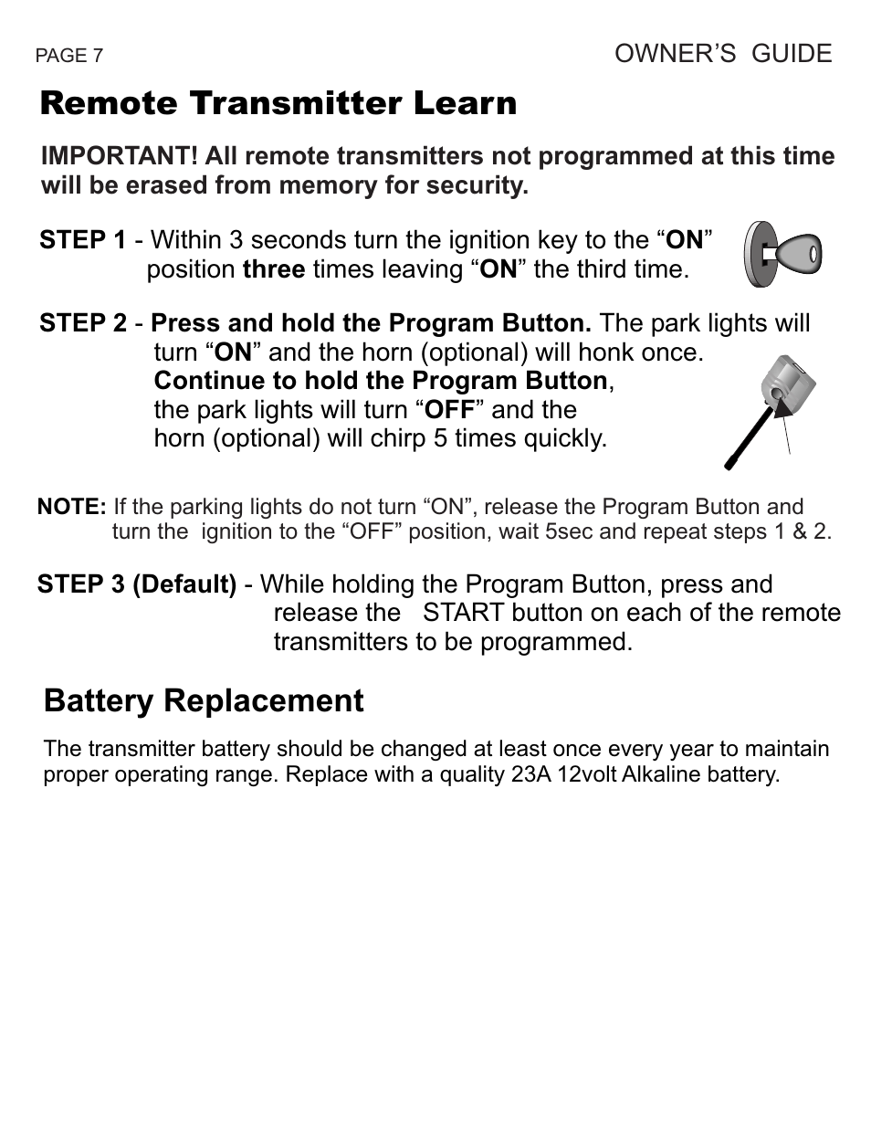 Remote transmitter learn, Battery replacement | Ultra Start 1175 Series User Manual | Page 7 / 8