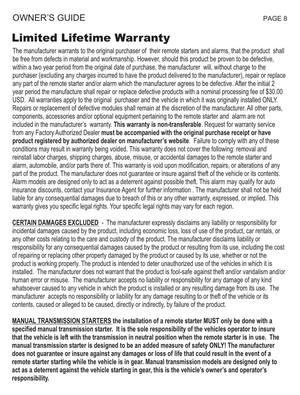 Limited lifetime warranty, Fcc notice | Ultra Start 1175 Series User Manual | Page 8 / 8