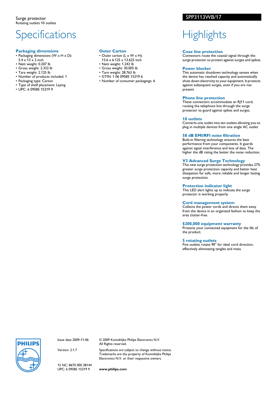 Specifications, Highlights | Philips SPP3113WB-17 User Manual | Page 2 / 2