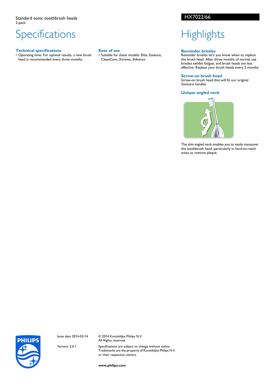 Specifications, Highlights | Philips HX7022-66 User Manual | Page 2 / 2