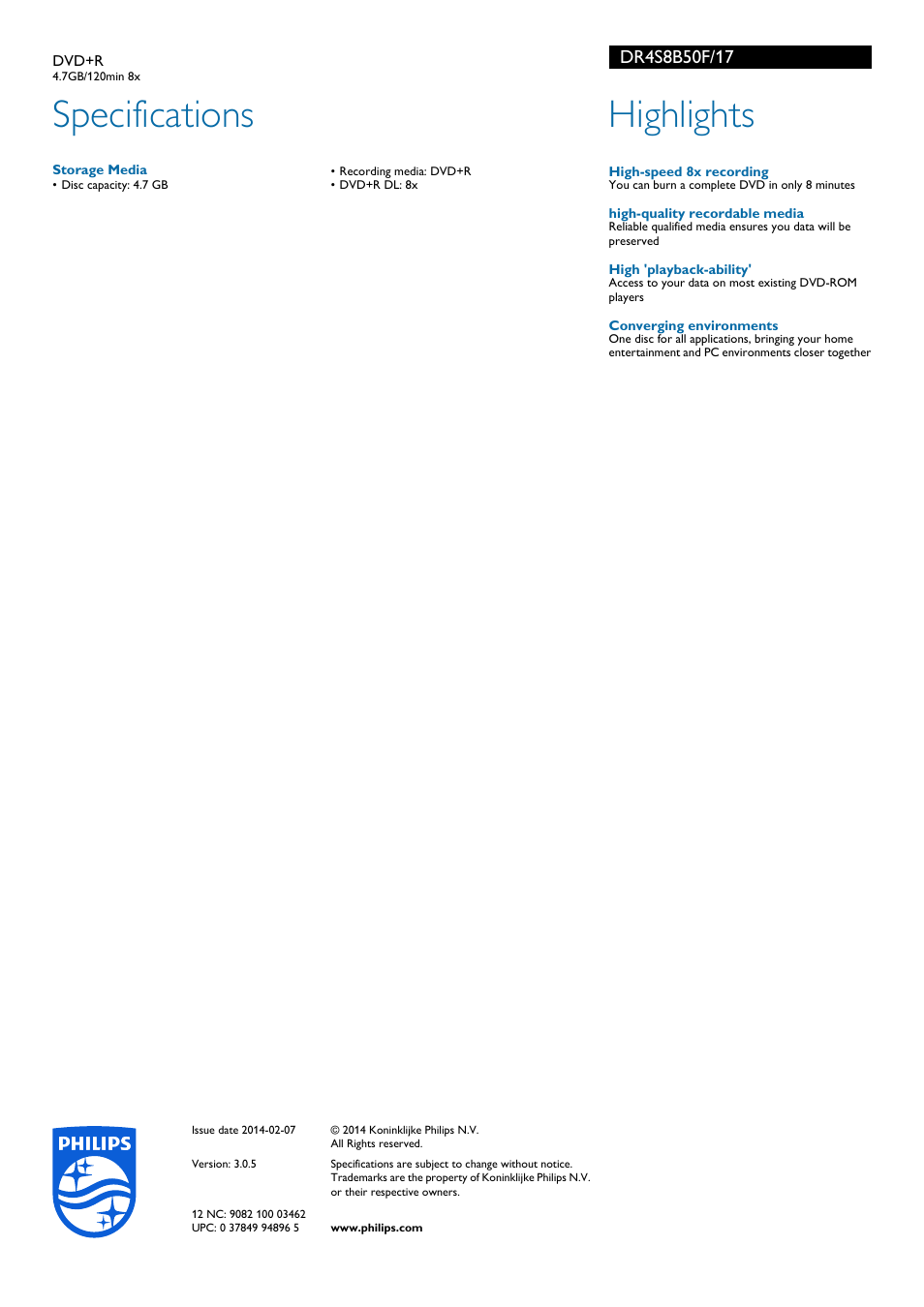 Specifications, Highlights | Philips DR4S8B50F-17 User Manual | Page 2 / 2