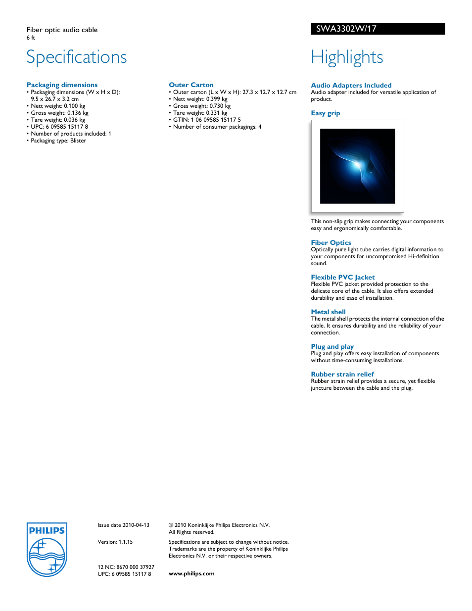 Specifications, Highlights | Philips SWA3302W-17 User Manual | Page 2 / 2
