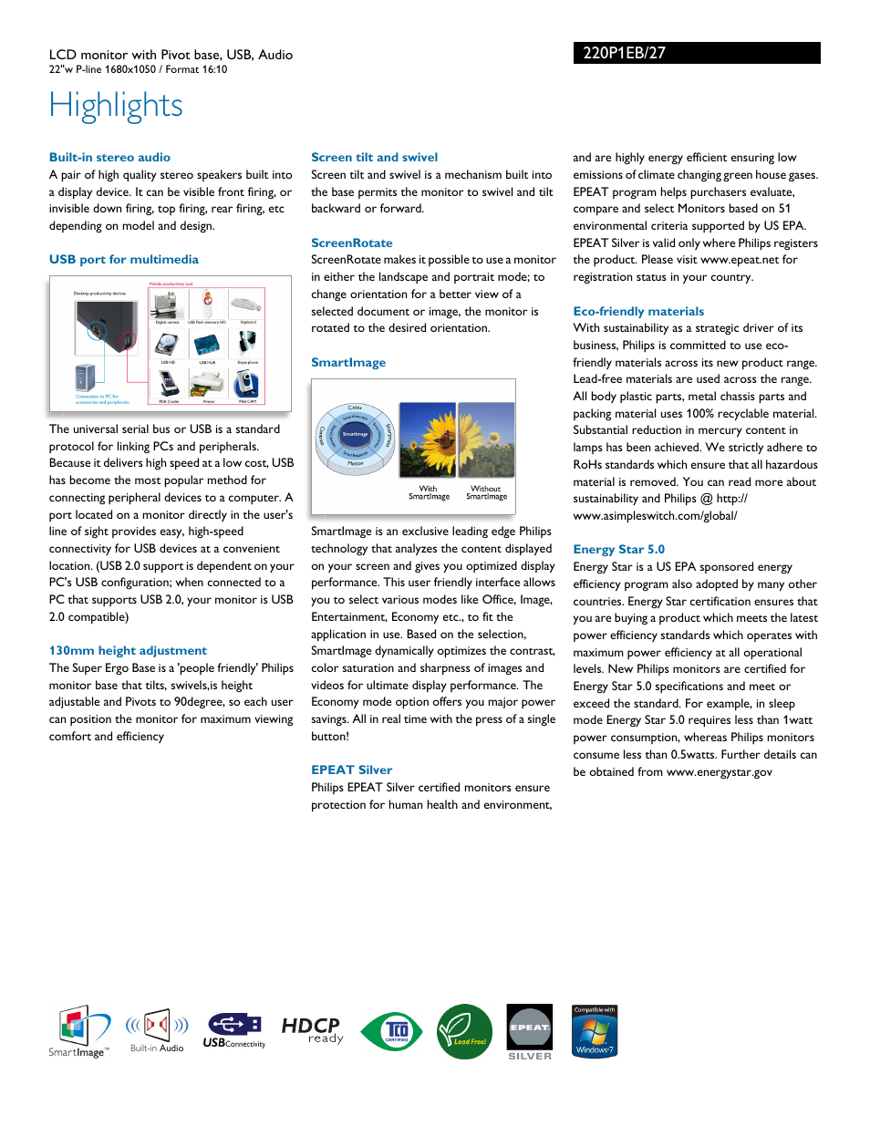Highlights | Philips 220P1EB-27 User Manual | Page 2 / 3