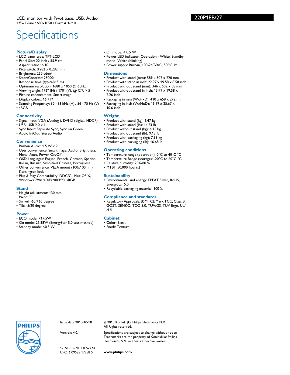 Specifications | Philips 220P1EB-27 User Manual | Page 3 / 3