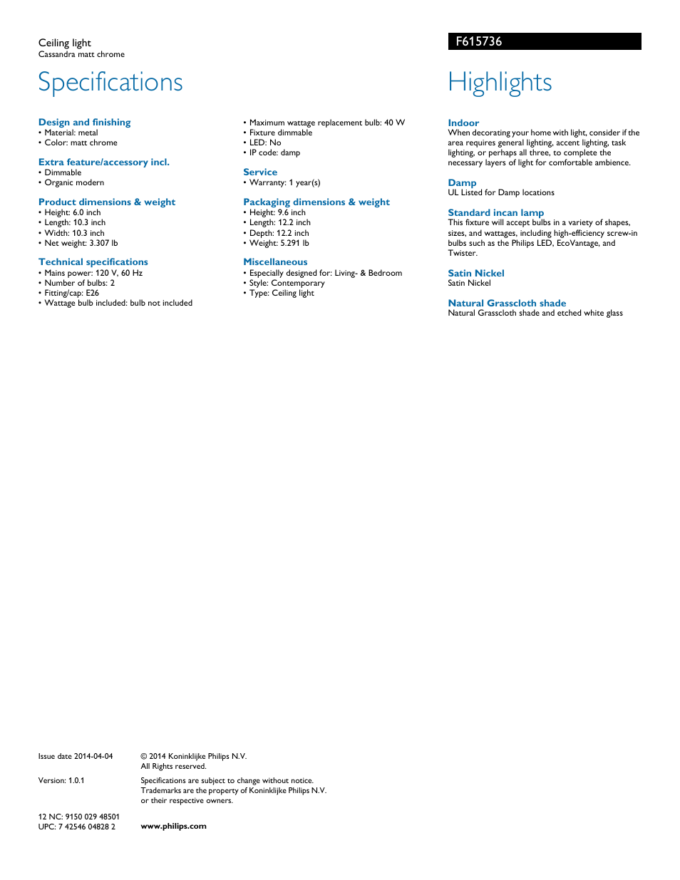 Specifications, Highlights | Philips F615736 User Manual | Page 2 / 2
