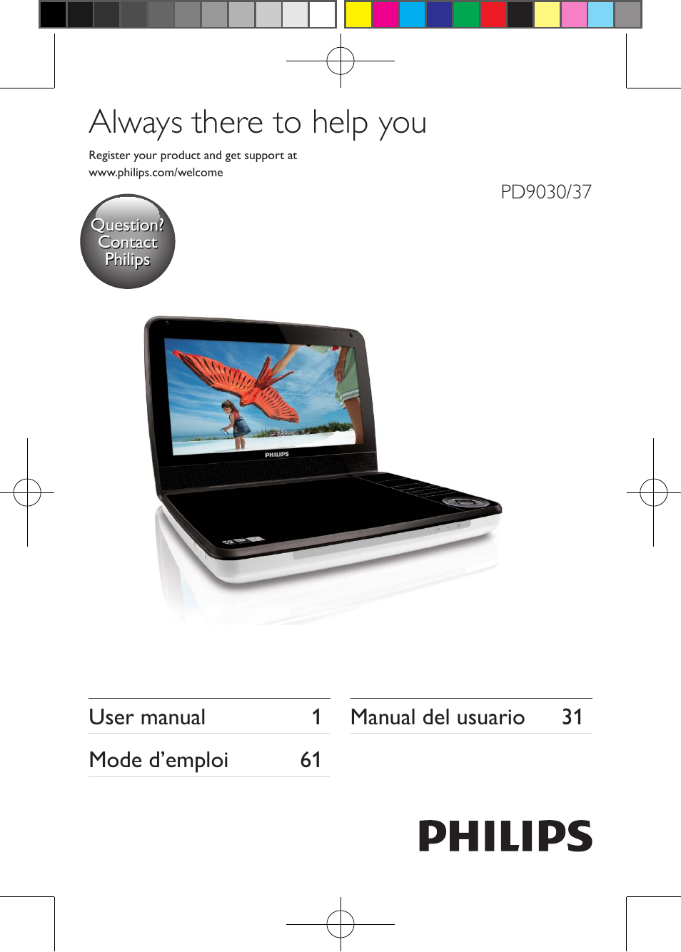 Philips Portable DVD Player PD9030 23cm- 9" LCD 5-hr playtime USB User Manual | 31 pages