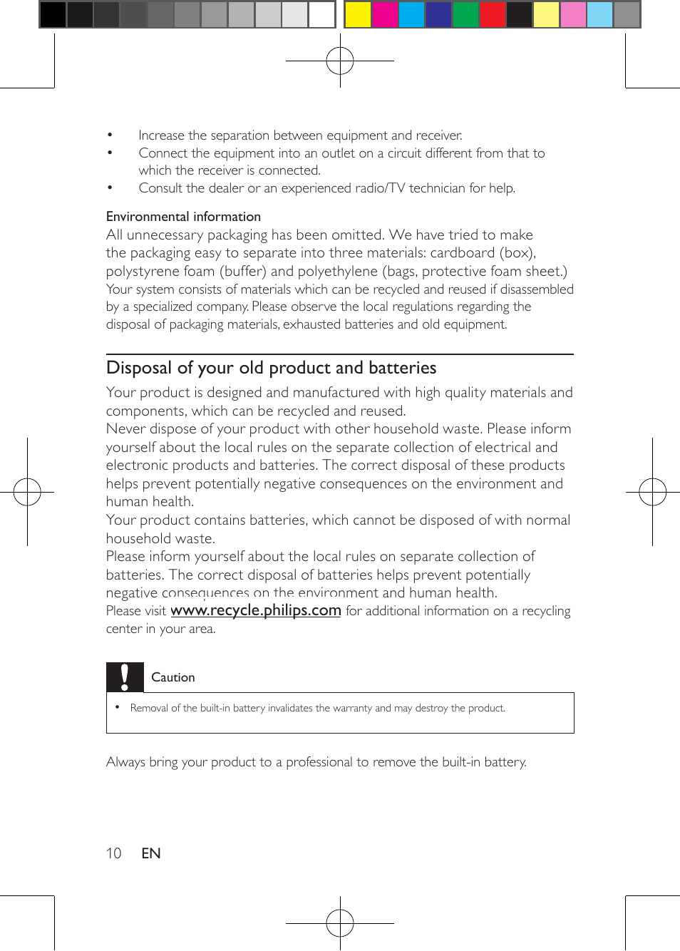 Disposal of your old product and batteries | Philips Portable DVD Player PD9030 23cm- 9" LCD 5-hr playtime USB User Manual | Page 10 / 31