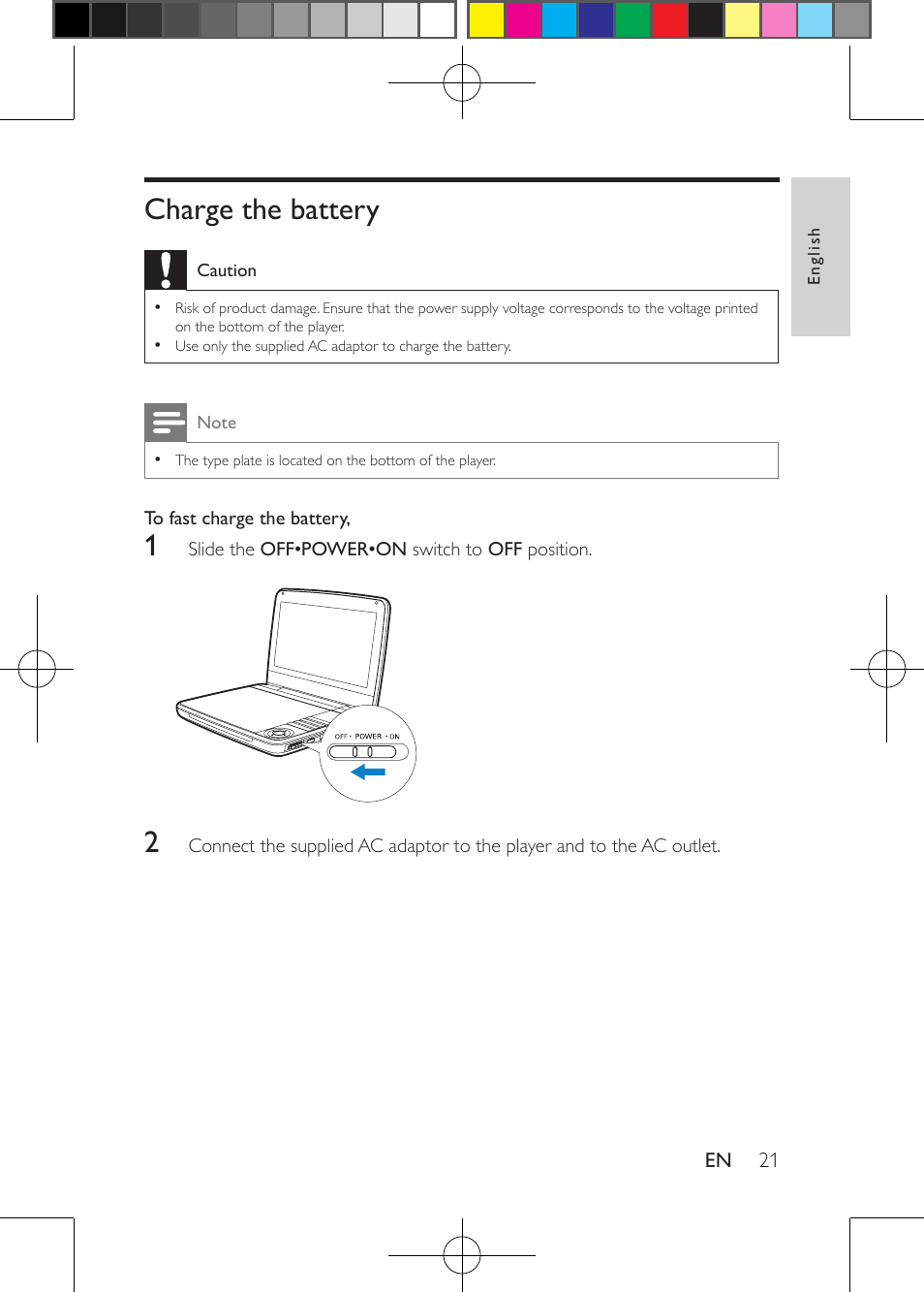 Charge the battery | Philips Portable DVD Player PD9030 23cm- 9" LCD 5-hr playtime USB User Manual | Page 21 / 31