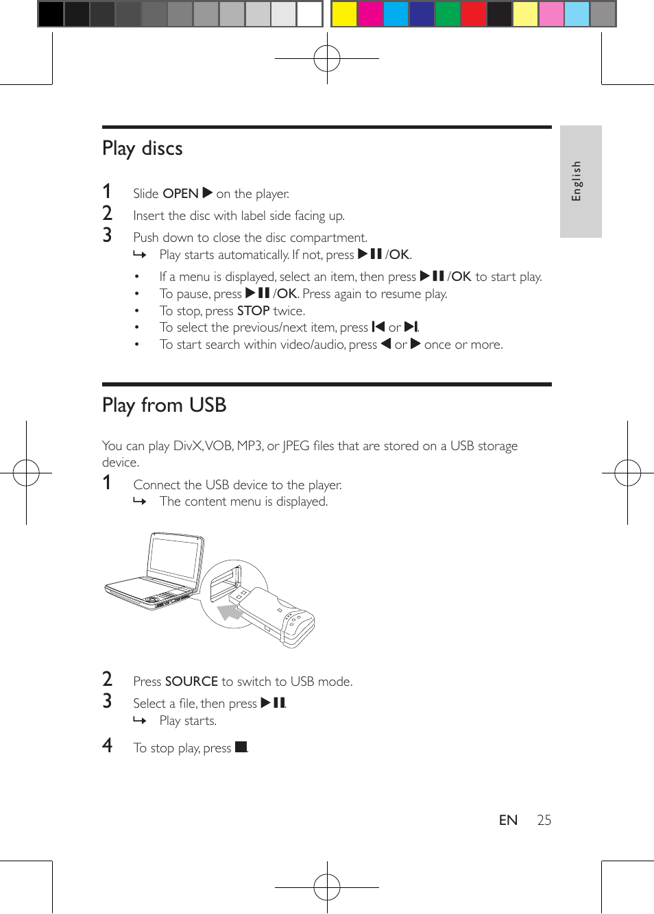 Play discs, Play from usb | Philips Portable DVD Player PD9030 23cm- 9" LCD 5-hr playtime USB User Manual | Page 25 / 31