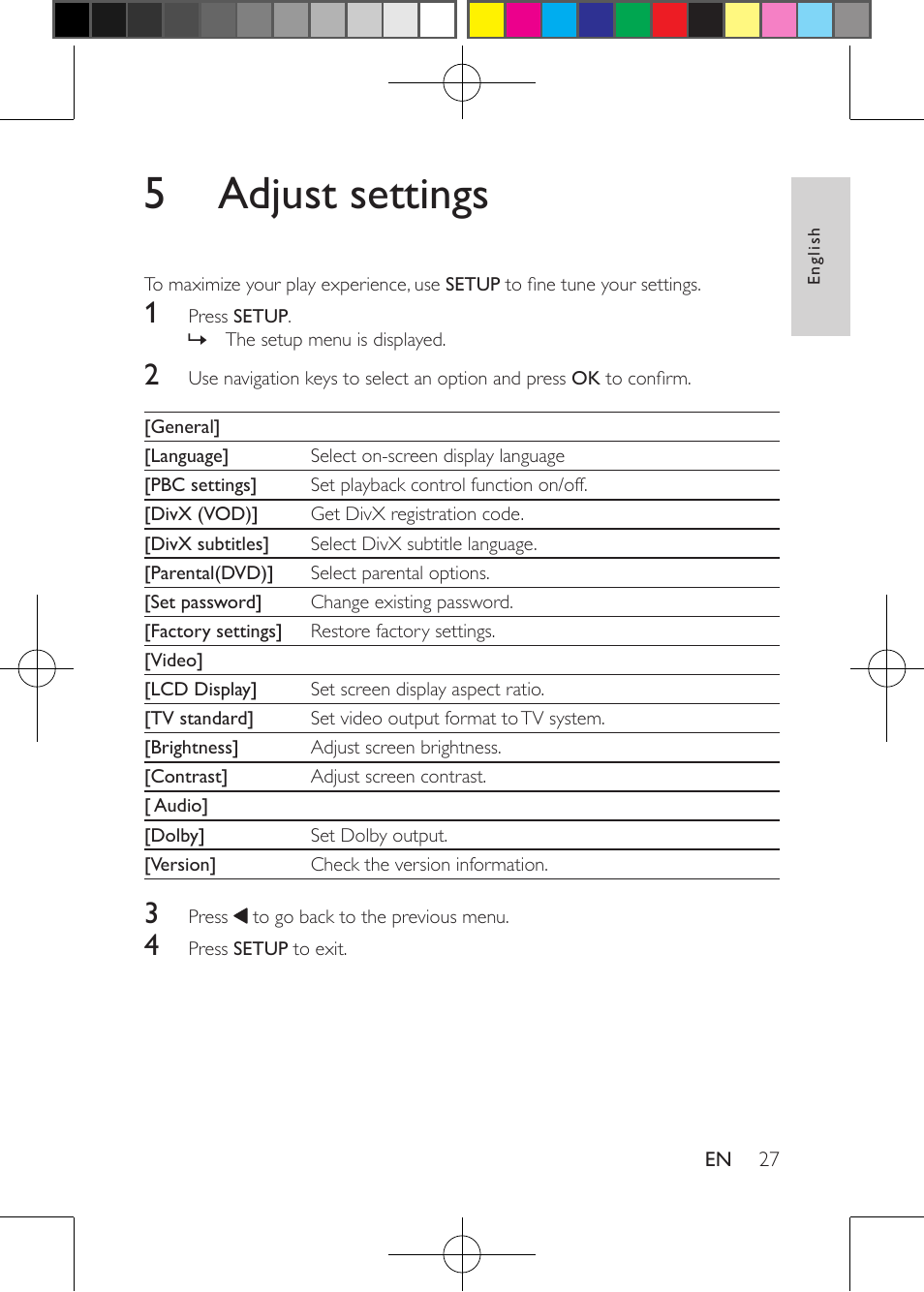 5 adjust settings | Philips Portable DVD Player PD9030 23cm- 9" LCD 5-hr playtime USB User Manual | Page 27 / 31