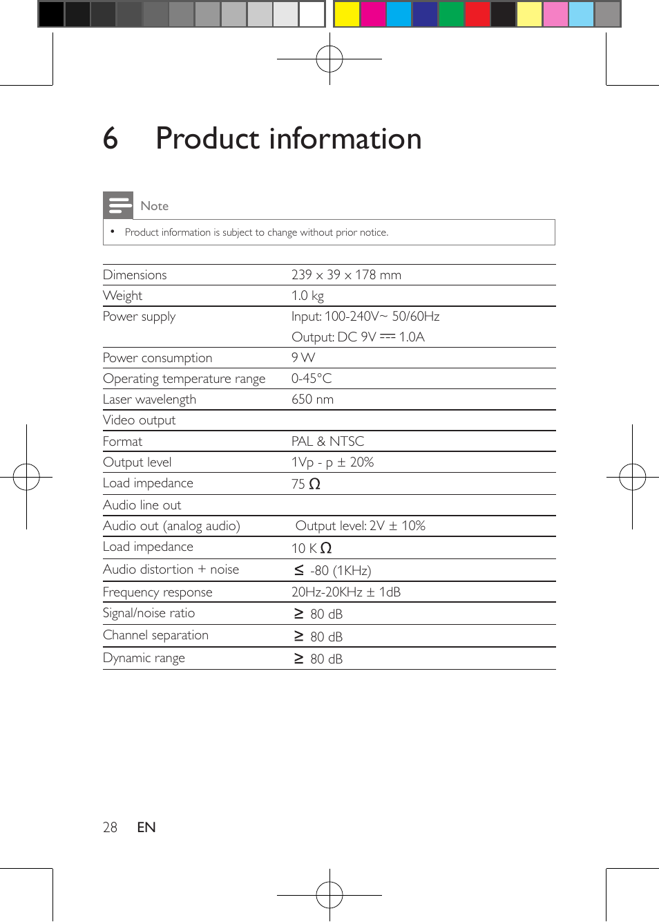 6 product information | Philips Portable DVD Player PD9030 23cm- 9" LCD 5-hr playtime USB User Manual | Page 28 / 31