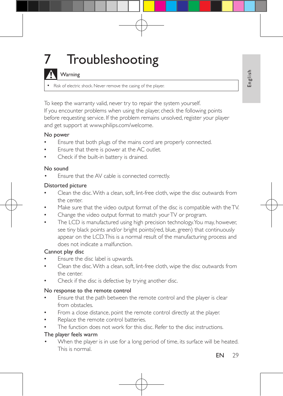 7 troubleshooting | Philips Portable DVD Player PD9030 23cm- 9" LCD 5-hr playtime USB User Manual | Page 29 / 31