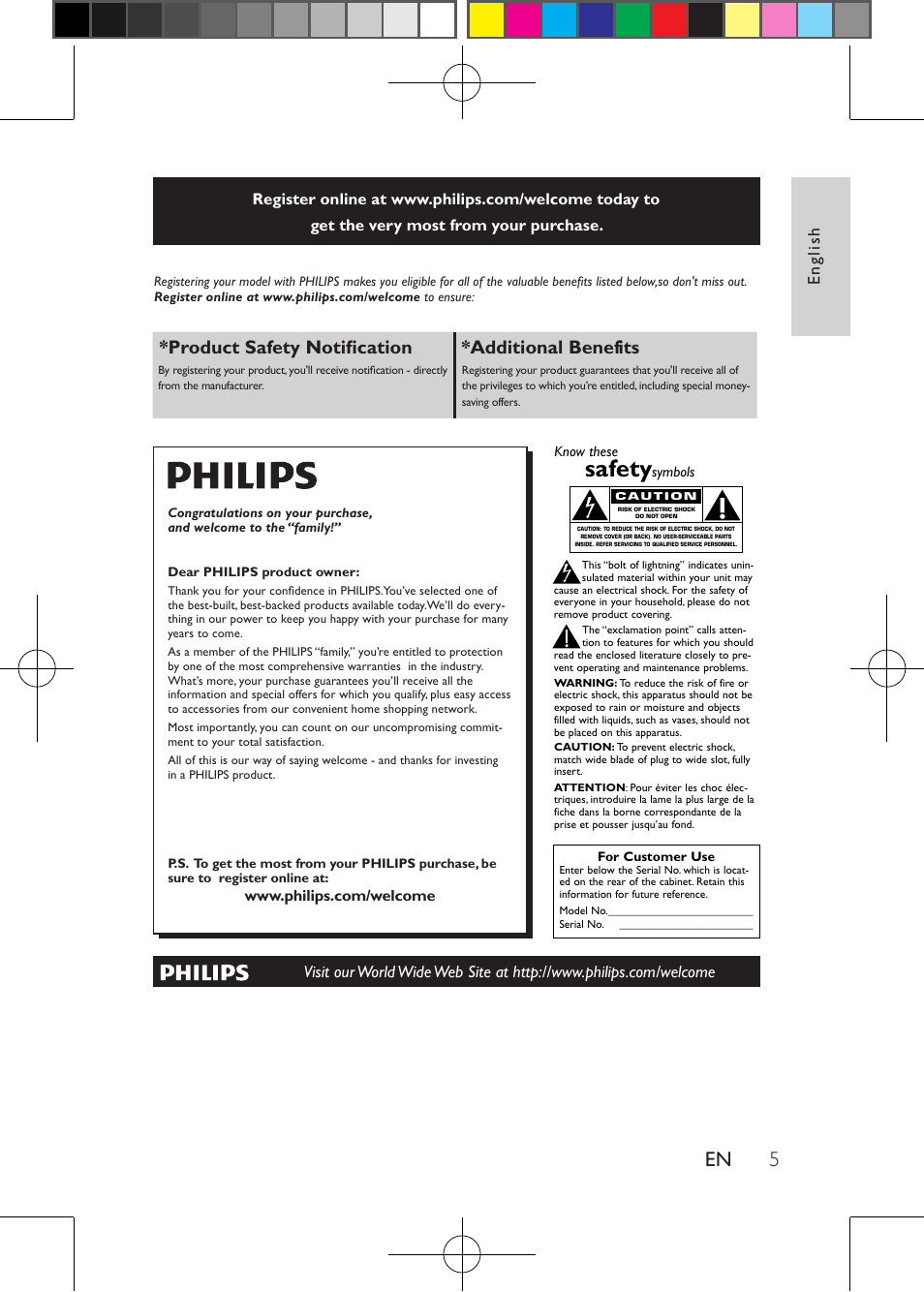 Safety, Product safety notification *additional benefits, Proof of purchase | Product safety notification, Additional benefits, English | Philips Portable DVD Player PD9030 23cm- 9" LCD 5-hr playtime USB User Manual | Page 5 / 31