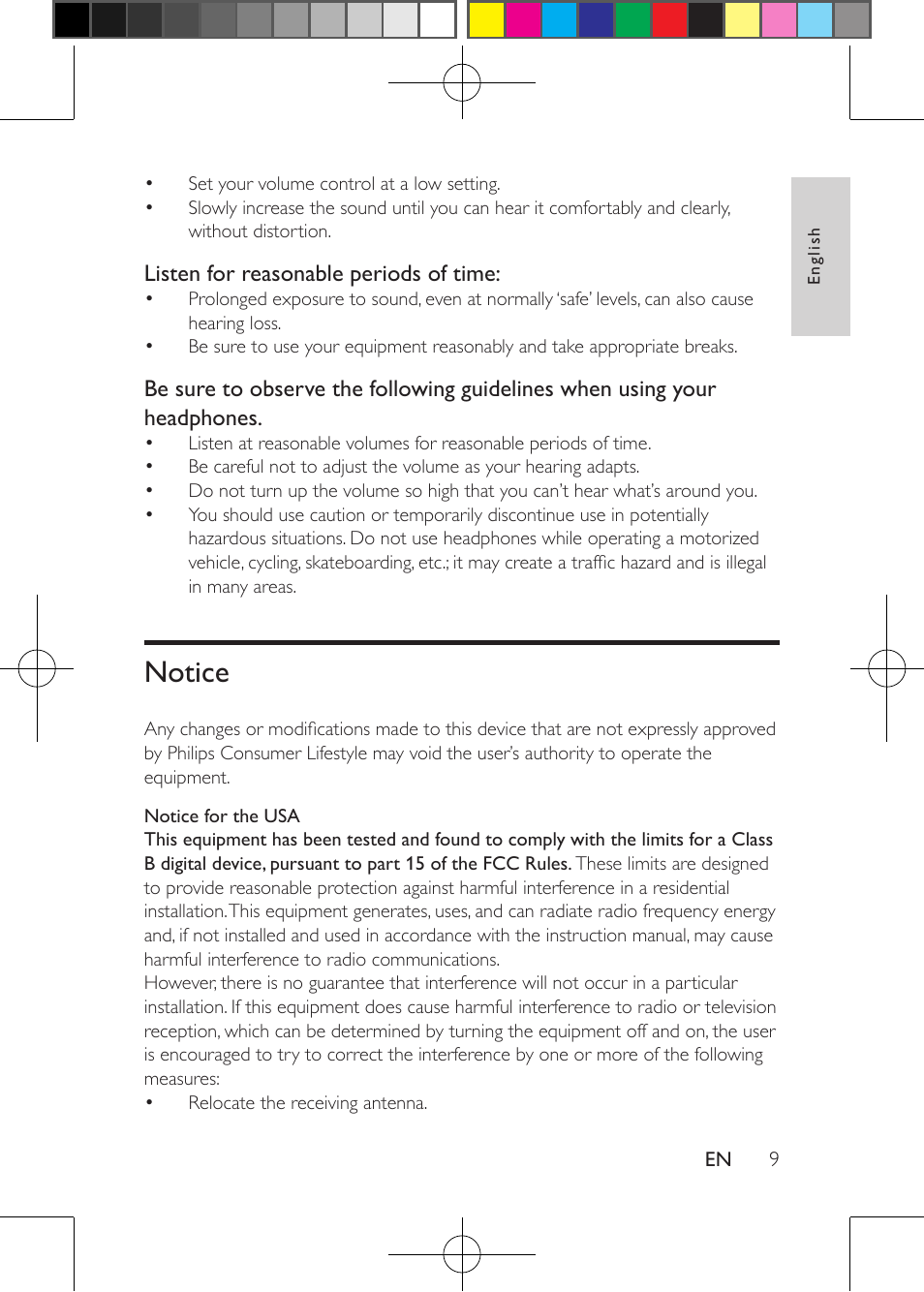 Hearing safety, Notice | Philips Portable DVD Player PD9030 23cm- 9" LCD 5-hr playtime USB User Manual | Page 9 / 31